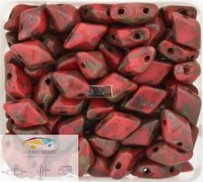 Czech DIAMONDUO Beads - 2 Hole Beads - CORAL PICASSO 5x8mm - 35pcs (~5g) Or • $3.14