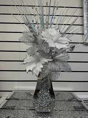 Crushed Diamond Vase With Flowers Crystal Mirrored Mantel Glitter Bling 25 Cm • £34.99