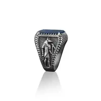 Solid 925 Sterling Silver Natural Lapis Gemstone Anubis Egyptian God Men's Ring • $81.69