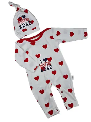 Unisex Baby Girl Boy I Love Hearts Mum Dad Babygrow Overall +Hat Set Of 2 Cotton • £13.75