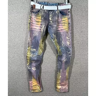 Smoke Rise Jeans Men 36X34 Blue Denim Spray Paint Straight Leg Belted Distressed • $43.99