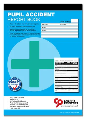 Cherry GDPR Pupil First Aid Accident Report Book A4 (210mm X 297mm) 50 Page HSE • £7.79