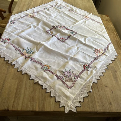 $50 • Buy Linen Tablecloth Hand Embroidered Flower Baskets Crocheted Square 45”x45”