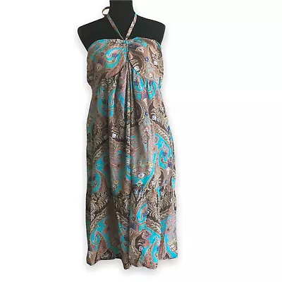 Maternal America Womens Dress Size XL Teal Brown Paisley Halter Maternity NEW • $75