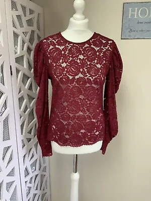 Primark Ladies Top Size 12 Maroon Lace Blouse Long Sleeve • £3.99