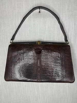 Vintage 1960s Brown Lizard Handbag Purse Kisslock Clasp Classic • $56.70