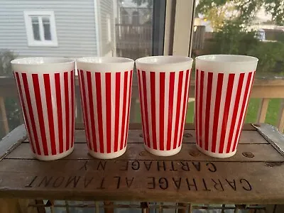 Vintage Hazel Atlas Red Candy Stripe White Milk Glass Tumblers Set Of 4 Holidays • $38