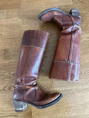 Vintage Black Label FRYE Leather Campus Boots 70s Womens 7B Heel Red Wine Knee • $79