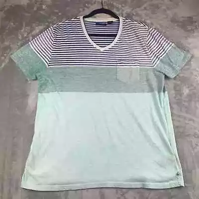 DKNY V-Neck T-Shirt Men's Large Blue/ Aqua Stripe Pocket Very Thin Cotton (0536) • $15