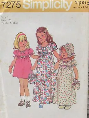 VTG Simplicity 7275 Baby Toddler Sz 1 Girls Peasant Dress Bonnet & Bag Pattern • $5.99