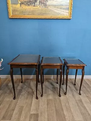 Vintage Mid Century Mahogany Solid Wood Nest Of Tables Glass Top Queen Anne Legs • £50