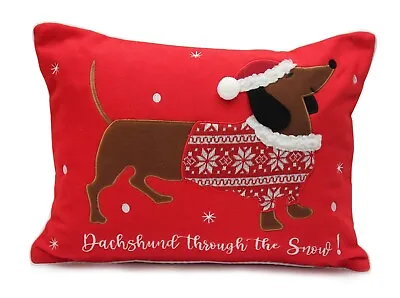 Dachshund Through The Snow Christmas Cushion - Red/Multicolour - 33cm X 45cm • $57.62