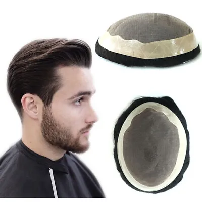 Mens Human Hair Replacement System Hairpiece Fine Mono Poly Coating Toupee #1B • $79.99