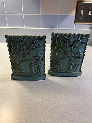 Vintage Asian Syrocco Wood Oriental Green Bookends Mid Century • $29.99