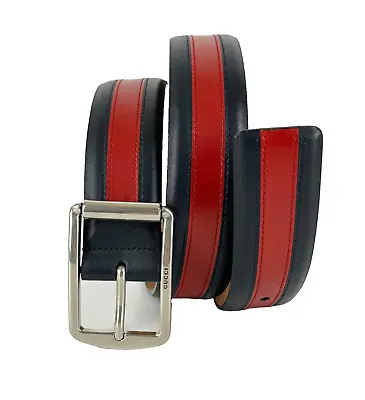 Gucci Men Auth 90 Cm 36 In Navy Red Leather Web Belt Silver Tone Buckle • $217