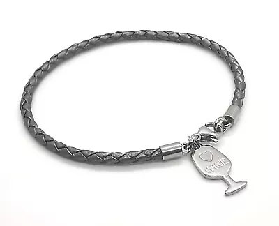 3mm Grey Braided Leather Bracelet Or Ankle Chain Anklet With Wine Glass Charm • £9.50