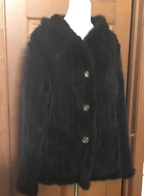 Che-Bella Women Knit Mink Fur Jacket Coat 4 Button Brown Hood Sz L? Soft Stretch • $159.99