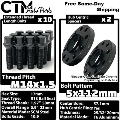 $64.39 • Buy 2x 20mm Thick 5x112 57.1mm CB Wheel Spacer Set Black 14x1.5 Bolt Fit Volkswagen