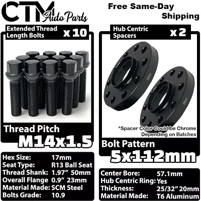 2x 20mm Thick 5x112 57.1mm CB Wheel Spacer Set Black 14x1.5 Bolt Fit Volkswagen • $64.39