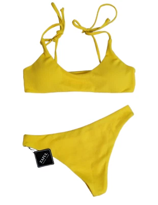 Zaful Womens Yellow Textured Ribbed Adj. Straps Bikini Set Sz Large • $11.99