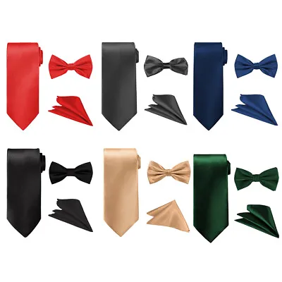 Mens Tie Bow Tie Necktie Pocket Square Handkerchief Set Plain Wedding Birthday • £3.21