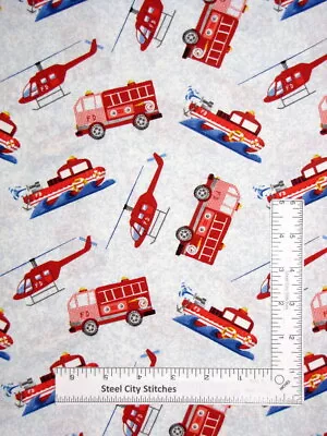 Fire Truck Helicopter Boat Fabric Everyday Heroes Cotton Blank Textiles Yard • $10.98