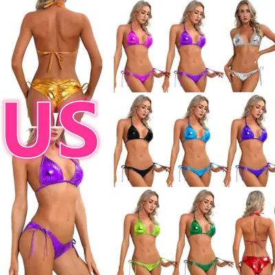 US Women Shiny Metallic Lingerie Triangle Bikini Bra Top With Briefs Thongs Set • $7.69