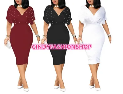 #C Women Bating Sleeve V Neck High Waist Beading Knee Bodycon Bandage Dress #S • $10.99