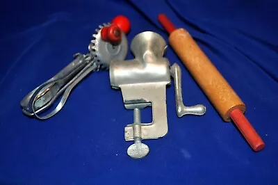 Vintage Childs Small Toy Kitchen Set Egg Beater Meat Grinder Rolling Pin • $46