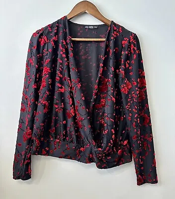 Zara Red Cherry Blossom Floral Velvet Top Plunging Neck Line Womens Sz S Black • $23.99