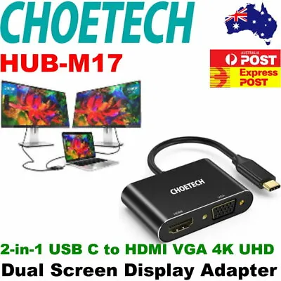 $29.95 • Buy CHOETECH HUB-M17 2-in-1 USB C To HDMI VGA 4K UHD Dual Screen Display Adapter
