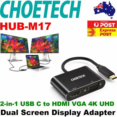 CHOETECH HUB-M17 2-in-1 USB C To HDMI VGA 4K UHD Dual Screen Display Adapter • $29.95