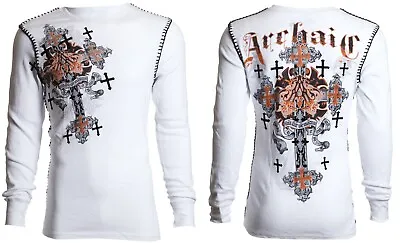 Archaic Affliction Men's Thermal Shirt GODFREY Biker Tattoo Cross White • $23.95