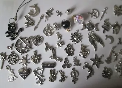 50 WICCA WITCH PAGAN CHARMS ALL DIFFERENT TIB SILVER Make Your Own Bracelet  (A) • £7