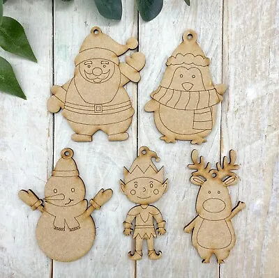 MDF Laser Cut Wooden Decoration Craft Shape 5 Pack Assorted Christmas Characters • £5.25
