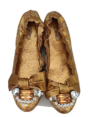 Miu Miu Gold Embellished Rhinestones Flat Shoes Sz 37 • $65