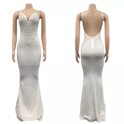 Diamond Long Dress Women Crystal Mesh Straps Backless Party Dresses Outfit Robe • $45