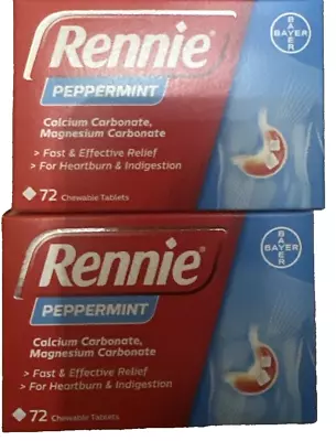 2 X Rennie Peppermint Flavour Heartburn Relief Acid Reflux 72 Tablets (144 TOT) • £9.99