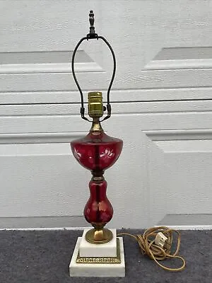 Antique Ruby Red Bohemian Crystal Cut To Clear Glass Table Lamp With Marble Base • $114.90