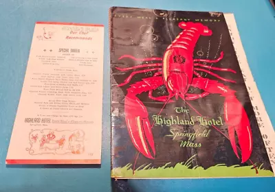 1952 Vintage  Restaurant Menu Highland Hotel Springfield Massachusetts • $19.95