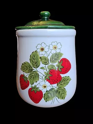 Vintage McCoy USA Pottery Strawberry Country Canister Cookie Jar With Green Lid • $35