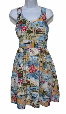 Disney Exclusive Hawaiian Midi Dress Blue Mickey Mouse Surfing Womens Size XS- S • $26