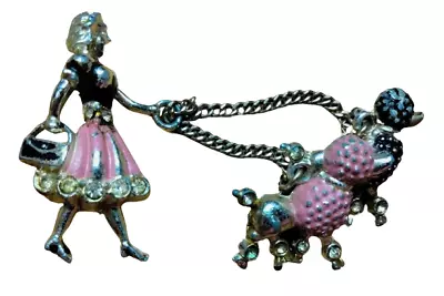 Vintage Pin Brooch Dog Walker Lady Wearing Pink Skirt Walking 2 Poodles Boy Girl • $29.95