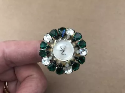 Vintage SUIZO Watch / Ring JEWELED Green Clear Rhinestones Swiss Hong Kong #1 • $19.99