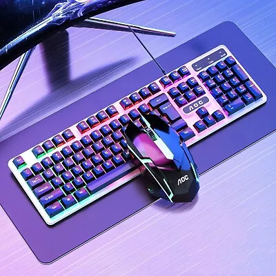 Wired Keyboard And Mouse Combo Set Luminous RGB Gaming PC AOC KM100 OZ • $24.99