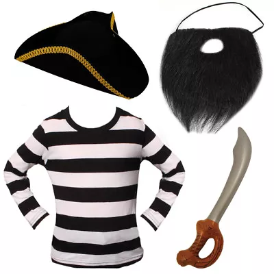 Mens Pirate Costume Black Beard Hat T-shirt Sword Captain Carribean Fancy Dress • £5.99