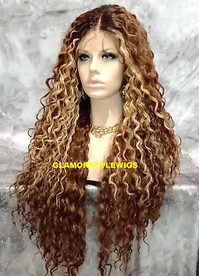 38  Lace Front Full Wig Long Curly Layered Ombre Brown Auburn Blonde Heat Ok Nwt • $79.95