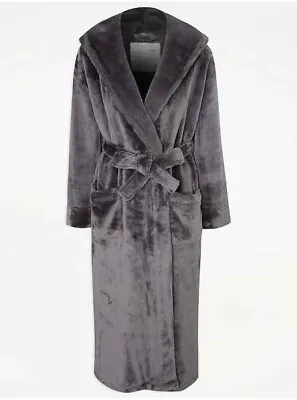 GEORGE Charcoal Longline Plush Hooded Dressing Gown Size M (12-14) LOVELY GIFT • £18.99