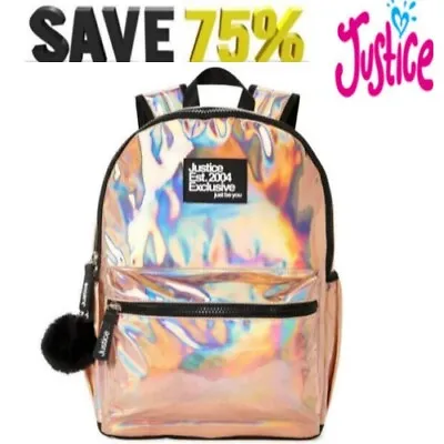 Justice Girls 17  Backpack Pink Rose Gold Iridescent With Tech Pocket NWT • $17.99