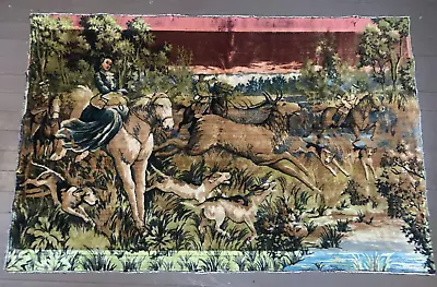 RARE IMAGE Elk Hunt Woman Horseback Dogs Wall Rug VTG Tapestry Velvet 43  X 66  • $299.99